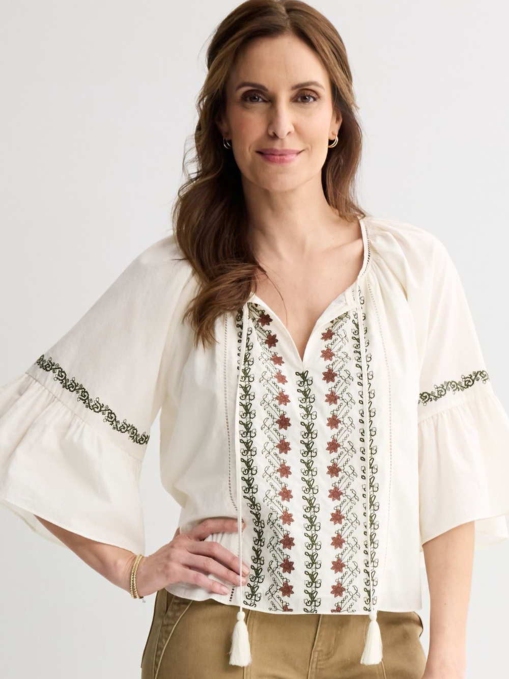 Farmers Market Ivory Floral Embroidered Boho Top | Size Large